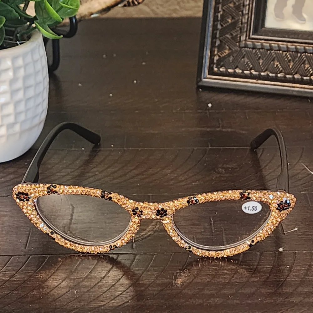 Women's Bling Cat Eye Readers Brown Rhinestones AB Reading Glasses Black +1.50